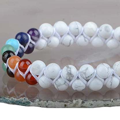 MASSIVE BEADS Double Layer Natural Chakra Healing Power Crystals Macrame Bracelet Yoga Stone Beads Gemstone Meditation Relax Anxiety Bangle for Unisex Women Men - color: 7-Chakras&Howlite, size: 4mm
