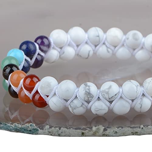 MASSIVE BEADS Double Layer Natural Chakra Healing Power Crystals Macrame Bracelet Yoga Stone Beads Gemstone Meditation Relax Anxiety Bangle for Unisex Women Men - color: 7-Chakras&Howlite, size: 6mm
