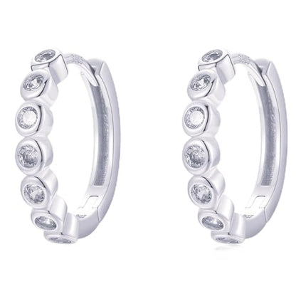 Round Huggie Ear Cuff Gold Earrings for Women | 18K Gold Plated Cubic Zirconia Sparkling | Clip On Cartilage| Simulated Diamond Bezel-Set CZ Huggie Hoop Earrings - color: Huggies - Silver