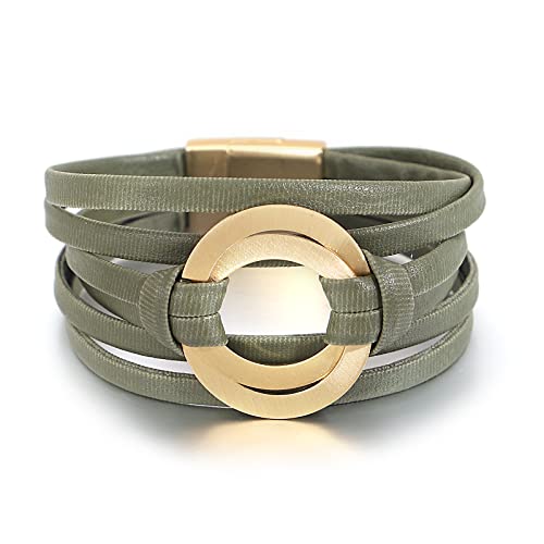 hotoo Circle Charm Bracelets for Women Handmade Leather Wrap Bracelets for Couples Friendship Bracelet Bohemian Cuff Bangle Boho Jewelry Gift - color: Dark Green