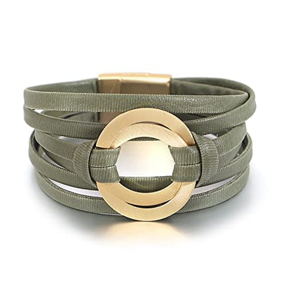 hotoo Circle Charm Bracelets for Women Handmade Leather Wrap Bracelets for Couples Friendship Bracelet Bohemian Cuff Bangle Boho Jewelry Gift - color: Dark Green