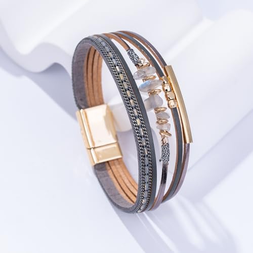 Boho Gemstone Beaded Leather Wrap Bracelets Stackable Chunky Cuff Bracelet Western Jewelry Cowboy Chic Country Concert Outfits for Women - color: Grey