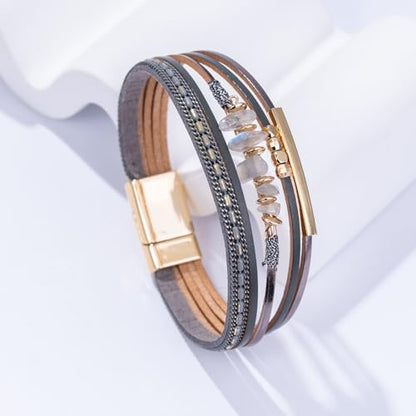 Boho Gemstone Beaded Leather Wrap Bracelets Stackable Chunky Cuff Bracelet Western Jewelry Cowboy Chic Country Concert Outfits for Women - color: Grey