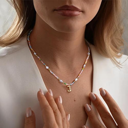 Ritach Initial Necklaces for Women Girls Kids - Light Colorful Beaded Pearl Initial Necklace Gold/Silver Bubble Pendant Letter Necklace for Women Teens Girls Kids Birthday Gifts - color: Gold, style: D