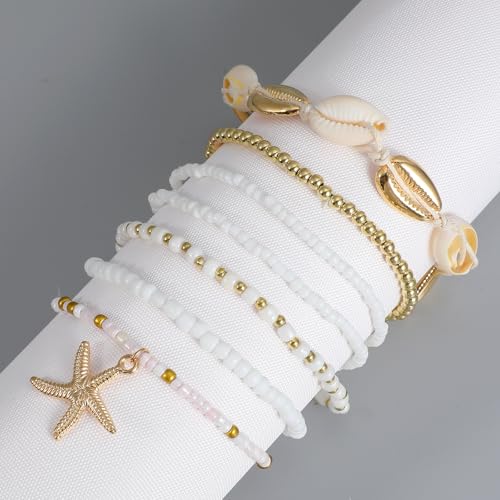Ouligay 7PCS Boho Shell Ankle Bracelet Shell Beaded Ankle Bracelets for Women, Summer Beach Bracelets, Boho Adjustable Anklet Hawaiian Beach Seashell Starfish Foot Jewelry Gifts, Summer Accessories