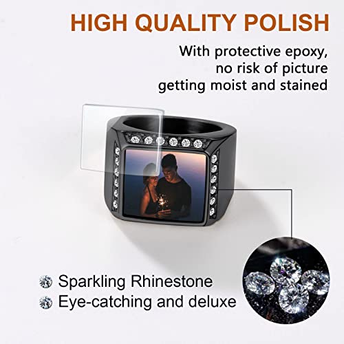 FindChic Customized Signet Photo Rings Square/Heart/Round Chunky Band Ring Stainless Steel/18K Gold Plated/Black Size 7 to 14 Personalized Jewelry for Men Women, Send Gift Box - color: 01. square (black)