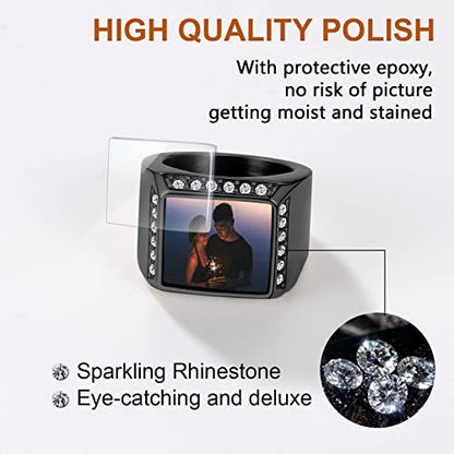 FindChic Customized Signet Photo Rings Square/Heart/Round Chunky Band Ring Stainless Steel/18K Gold Plated/Black Size 7 to 14 Personalized Jewelry for Men Women, Send Gift Box - color: 01. square (black)