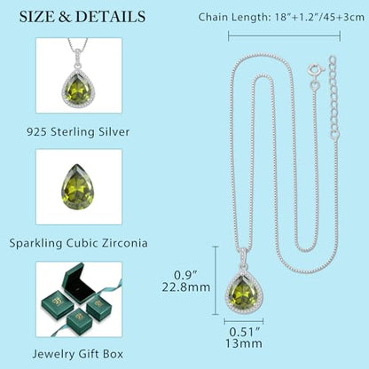 FJ Teardrop Pendant Necklace 925 Sterling Silver Birthstone Jewelry for Women - color: 08 August-Peridot
