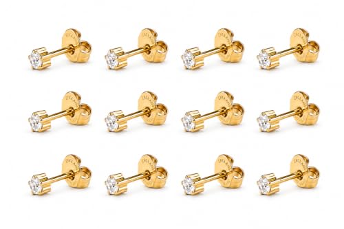 Caflon 16G CZ Sterile Piercing Studs, Hypoallergenic, 3/4/5mm, 12 Pack | FDA & EC compliant piercing studs. Nickel-safe, sterile-packaged, secure butterfly backs, tarnish-resistant finish. - size: 5mm, style: 24K Gold Plated