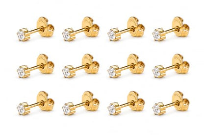 Caflon 16G CZ Sterile Piercing Studs, Hypoallergenic, 3/4/5mm, 12 Pack | FDA & EC compliant piercing studs. Nickel-safe, sterile-packaged, secure butterfly backs, tarnish-resistant finish. - size: 5mm, style: 24K Gold Plated