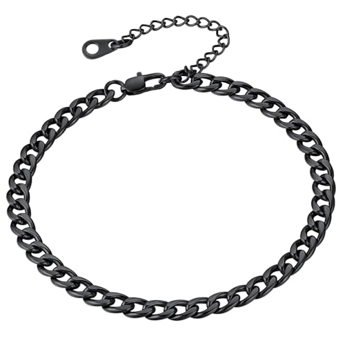 FindChic Stainless Steel Ankle Bracelets for Women, Waterproof Figaro/Cuban/Box/Beaded Chain Anklets, Summer Beach Foot Jewelry, 8.5''-10.5'' Adjustable Length, with Gift Box - style: Cuban Chain-Black