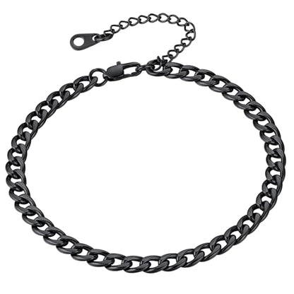 FindChic Stainless Steel Ankle Bracelets for Women, Waterproof Figaro/Cuban/Box/Beaded Chain Anklets, Summer Beach Foot Jewelry, 8.5''-10.5'' Adjustable Length, with Gift Box - style: Cuban Chain-Black