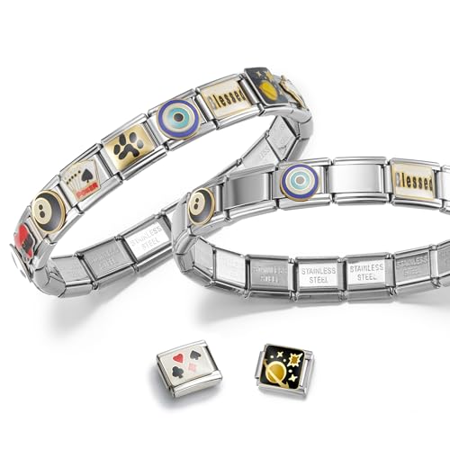 Stainless Steel Italian Charm Bracelet, 18 Link Starter Bracelet 9mm Charms | Italian Charm Bracelet with 9Pcs/20Pcs Charms and Opening Tools, Classic 9mm Modular Charm, Personalized Jewelry Gift - color: Silver-Black Poker