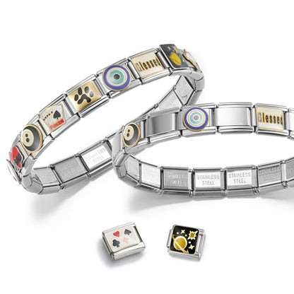 Stainless Steel Italian Charm Bracelet, 18 Link Starter Bracelet 9mm Charms | Italian Charm Bracelet with 9Pcs/20Pcs Charms and Opening Tools, Classic 9mm Modular Charm, Personalized Jewelry Gift - color: Silver-Black Poker
