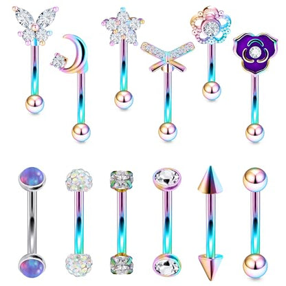 Rook Daith Piercing Jewelry 16G Stainless Surgical Steel Curved Barbell Eyebrow Rings Vertical Labret Lip Piercing Jewelry Rook Daith Earrings for Women Men 6MM 8MM 10MM Hypoallergenic - color: Rainbow Tone