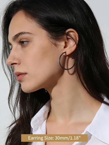 FindChic Thin Hoop Earrings for Women,Silver/Black/Gold Plated 20-100mm - color: Black, size: 30mm