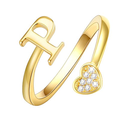 Lunvky Birthday Gifts Silver Initial Rings for Women Teen Girl Kids Trendy Stuff Dainty 14K Gold Plated Adjustable Heart Letter Thumb Rings Pinky Cute Jewelry Personalized Gift - color: Gold, size: Initial-P