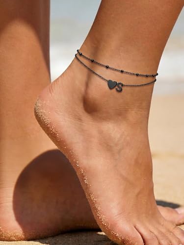 Ankle Bracelets for Women Waterproof 14K Gold/Silver/Black Initial Anklet for Women Dainty Layered Heart Ankle Bracelets Stainless Steel Adjustable Foot Chain Anklet Summer Beach Jewelry - color: S-Black