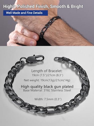PROSTEEL Bracelets for Men, Figaro/Cuban Mens Bracelet, Silver/Gold/Black | 6/9/13mm Width, 7.5/8.3/9" Length, Stainless Steel Mens Bracelet, Durable & Non Tarnish, Chunky Jewelry with Gift Box - style: D 7.5mm-Figaro-Black-Textured