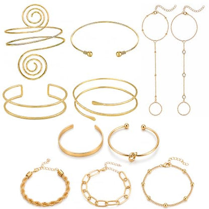 11PCS Gold-Tone Jewelry Set for Women, Includes 4 Upper Arm Cuffs, 2 Hand Chain Bracelets and 5 Bracelets for Women, Boho Disign for Beach, Vacation, Festival and Party Looks