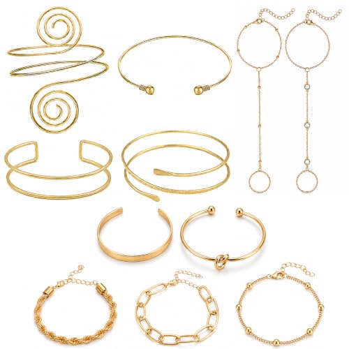 11PCS Gold-Tone Jewelry Set for Women, Includes 4 Upper Arm Cuffs, 2 Hand Chain Bracelets and 5 Bracelets for Women, Boho Disign for Beach, Vacation, Festival and Party Looks