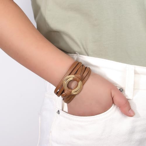 hotoo Circle Charm Bracelets for Women Handmade Leather Wrap Bracelets for Couples Friendship Bracelet Bohemian Cuff Bangle Boho Jewelry Gift - color: Coffee