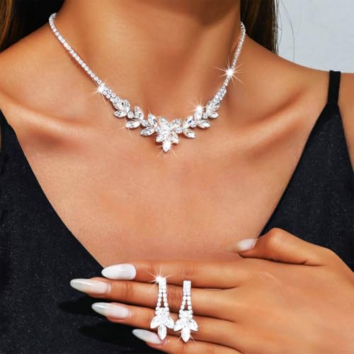 JAKAWIN Bride Silver Bridal Necklace Earrings Set Rhinestone Wedding Jewelry Set Crystal Necklace for Women