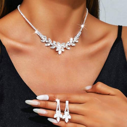JAKAWIN Bride Silver Bridal Necklace Earrings Set Rhinestone Wedding Jewelry Set Crystal Necklace for Women