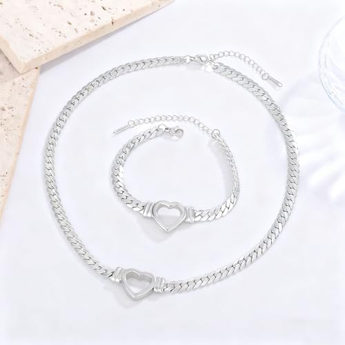 Chunky Flat Curb Chain Necklace and Bracelet Set, Gold/Silvery Stainless Steel Hollow Heart Pendant Jewelry for Women, Valentines Wedding Gift - color: Silvery