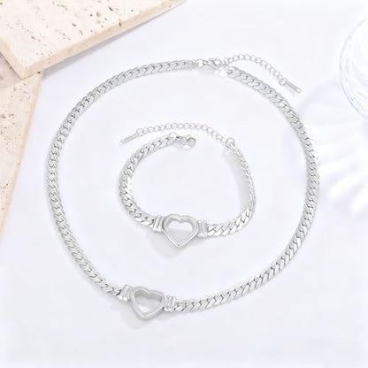 Chunky Flat Curb Chain Necklace and Bracelet Set, Gold/Silvery Stainless Steel Hollow Heart Pendant Jewelry for Women, Valentines Wedding Gift - color: Silvery