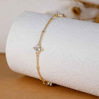 Dainty Lucky Four Leaf Clover Bracelets for Women, Trendy 14K Gold Plated Hypoallergeni Cubic Zirconia Bracelets Cute Paperclip Interlocking Adjustable Chain - color: Gold Clover Bracelet
