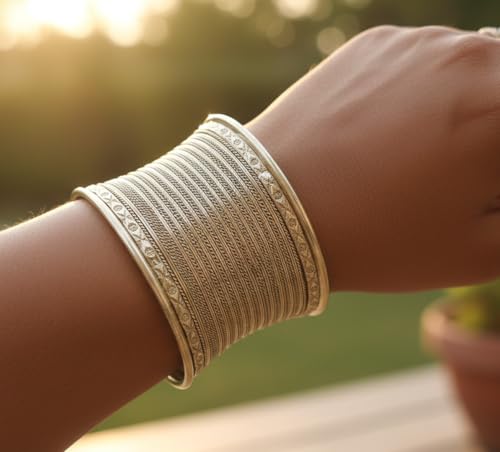 Touchstone Indian Bollywood Desire Brass Base Exotic Workmanship Free Size Cuff Bracelet in Antique Gold Or White Or Copper Tone for Women. - style: D063 Antique Gold 7