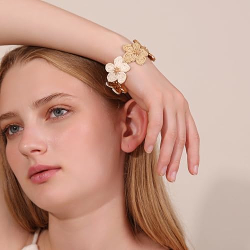 RUOFFETA Raffia Flower Cuff Bracelet for Women, Floral Chunky Bangle Wide Open Cuff Statement Bracelet - color: Beige Ombre