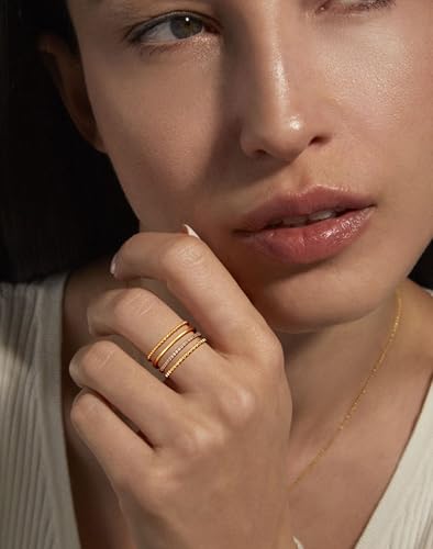 Lunvky Silver Stacking Rings for Women 14K Gold Plated Ring Non Tarnish Thin Trendy Stackable Dainty Cubic Zirconia Finger Pinky Thumb Wedding Band Rings Set Jewelry Gifts Size 5-10 - color: B-Gold, size: 10