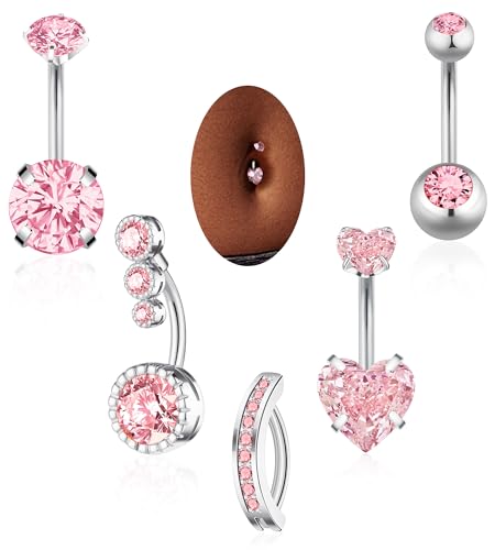 BSJ4U Belly Button Rings Gold Plated Silver Pink Clear CZ Belly Rings for Women Heart Bow Flower Butterfly Teardrop Dangle Navel Belly Button Piercing Jewelry - color: Silver Pink Classic Belly Button Rings