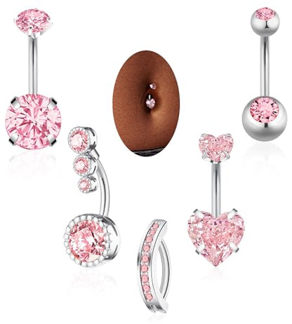 BSJ4U Belly Button Rings Gold Plated Silver Pink Clear CZ Belly Rings for Women Heart Bow Flower Butterfly Teardrop Dangle Navel Belly Button Piercing Jewelry - color: Silver Pink Classic Belly Button Rings