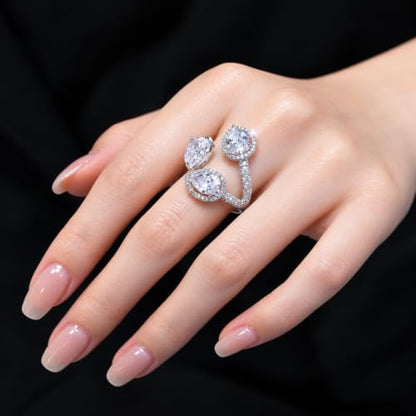Aura & Irena 18K Gold Plated Pear-Shaped Cocktail Rings for Women, Non-Tarnish Adjustable Statement Ring with 3A Cubic Zirconia, Gift for Family Friend - color: Silver