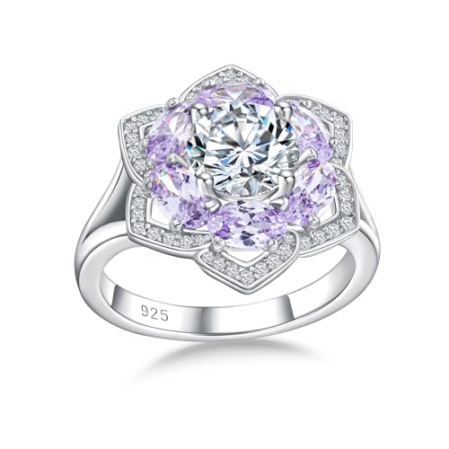 Flower Cocktail Ring for Women Stone Engagement Anniversary Rings | Sterling Silve|Hypoallergenic|Ruby|Sapphire|Emerald|Wedding and Birthday Party Women Statement Ring|Mother and Grandma Gift - color: Alexandrite (June)