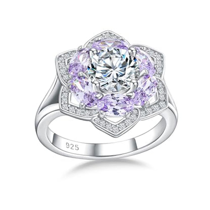 Flower Cocktail Ring for Women Stone Engagement Anniversary Rings | Sterling Silve|Hypoallergenic|Ruby|Sapphire|Emerald|Wedding and Birthday Party Women Statement Ring|Mother and Grandma Gift - color: Alexandrite (June)
