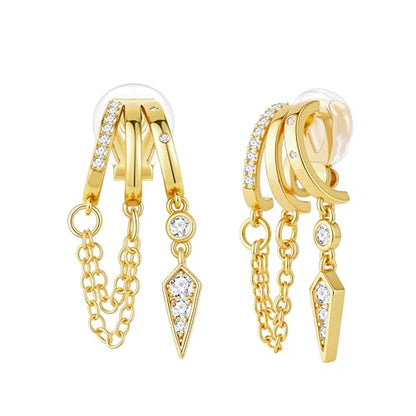 FAN&LOUIS Gold Clip On Earrings for Women, 24K Gold Plated Trendy Triple Huggie Hypoallergenic Non Pierced Earrings Dainty Dangle Chains Drop Painless Lightweight Clip-On Earrings