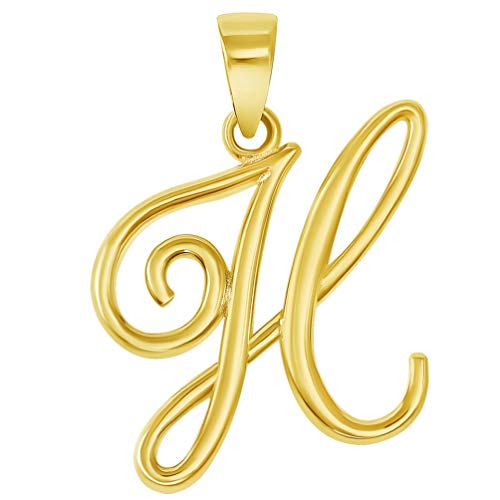 Jewelry America Solid 14k Yellow Gold Elegant Script Letter Cursive Initial Pendant - A to Z - style: H