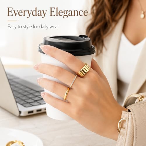 KSF 2Pcs / 3Pcs / 4Pcs Stackable Rings for Women, Gold and Silver Plated Stack Ring Set for Everyday Wear, Gift for Her - color: Yellow Gold-Wide 3pcs