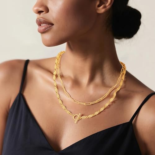 Layered Necklaces for Women 14k Gold Plated Chain Necklace Trendy Dainty Toggle Clasp Chunky Cuban Link Paperclip Chain Jewelry Gift - style: Style 5：Paperclip+Chunky Chain
