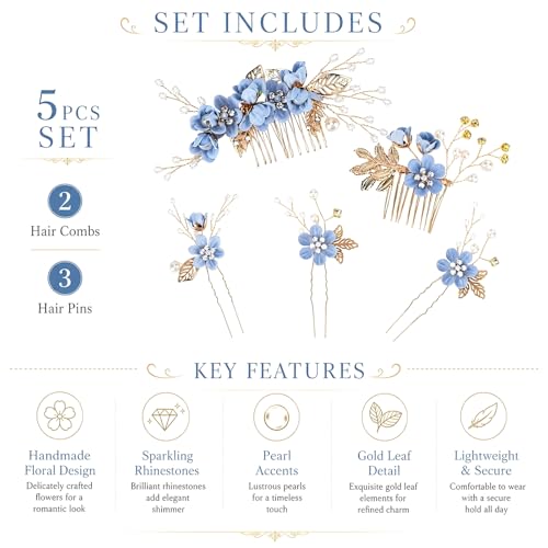 5 Pcs Blue Bridal Hair Comb and Hair Pins Set, Flower Wedding Hair Accessories with Rhinestones Pearls for Bride Bridesmaids Prom Party