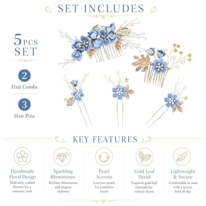 5 Pcs Blue Bridal Hair Comb and Hair Pins Set, Flower Wedding Hair Accessories with Rhinestones Pearls for Bride Bridesmaids Prom Party