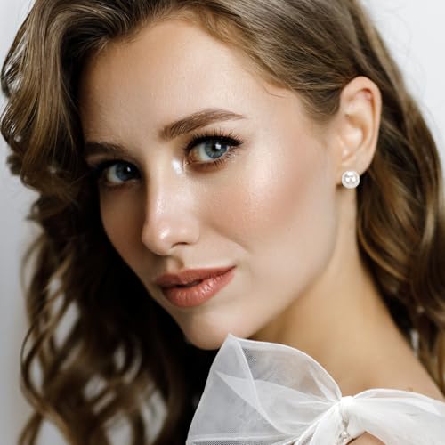 24 Pairs Pearl Studs Earrings for Women, Faux Simulated Pearl Earrings 4 Mixed Sizes Round Ball Pearls Stud Earring Set - color: Beige