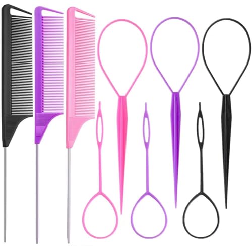 Luumxai 9pcs Topsy Hair Tail Tool and rat tail comb set,6pcs French Braiding Tool ring,3Pcs Metal Parting Combs,Woman Girl Hair Styling (Pink,Purple, Black) - color: Pink/Purple/Biack