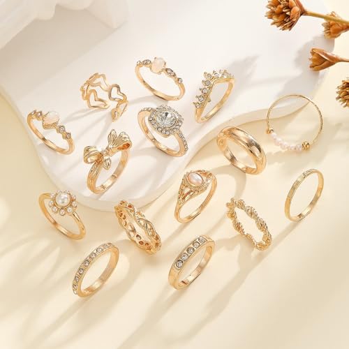 Gold Stackable Ring Set for Women, Dainty Fashion Rings Set with Pearl, Crystal, Heart, Bow and Wave Design, Trendy Midi Finger Rings Jewelry Gift - color: A1
