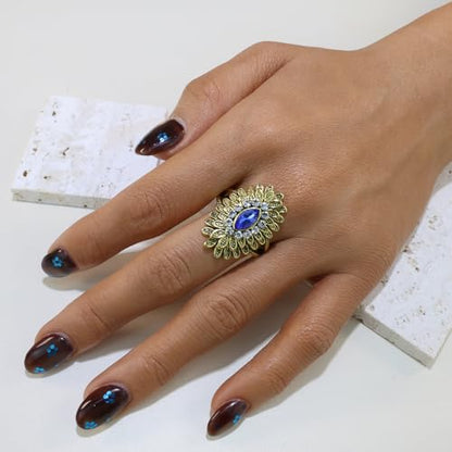 Boho Retro Rhinestone Ring Ethnic Big Flower Crystal Finger Ring Trendy Statement Tribal Indian Dance Costume Ring Jewelry for Women - color: Gold-blue