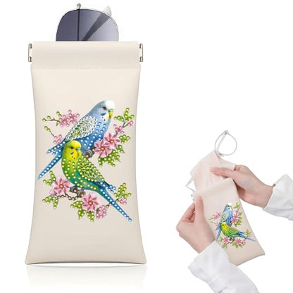 Diamond Art Painting Eye Glass Bag PU Sunglasses Glasses Storage Bag Built-in Glasses Cloth Press Automatic Closure - color: Parrot